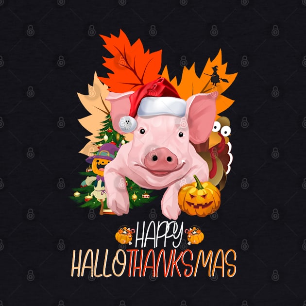 Happy Hallothanksmas pig Halloween Thanksgiving Christmas by dounjdesigner